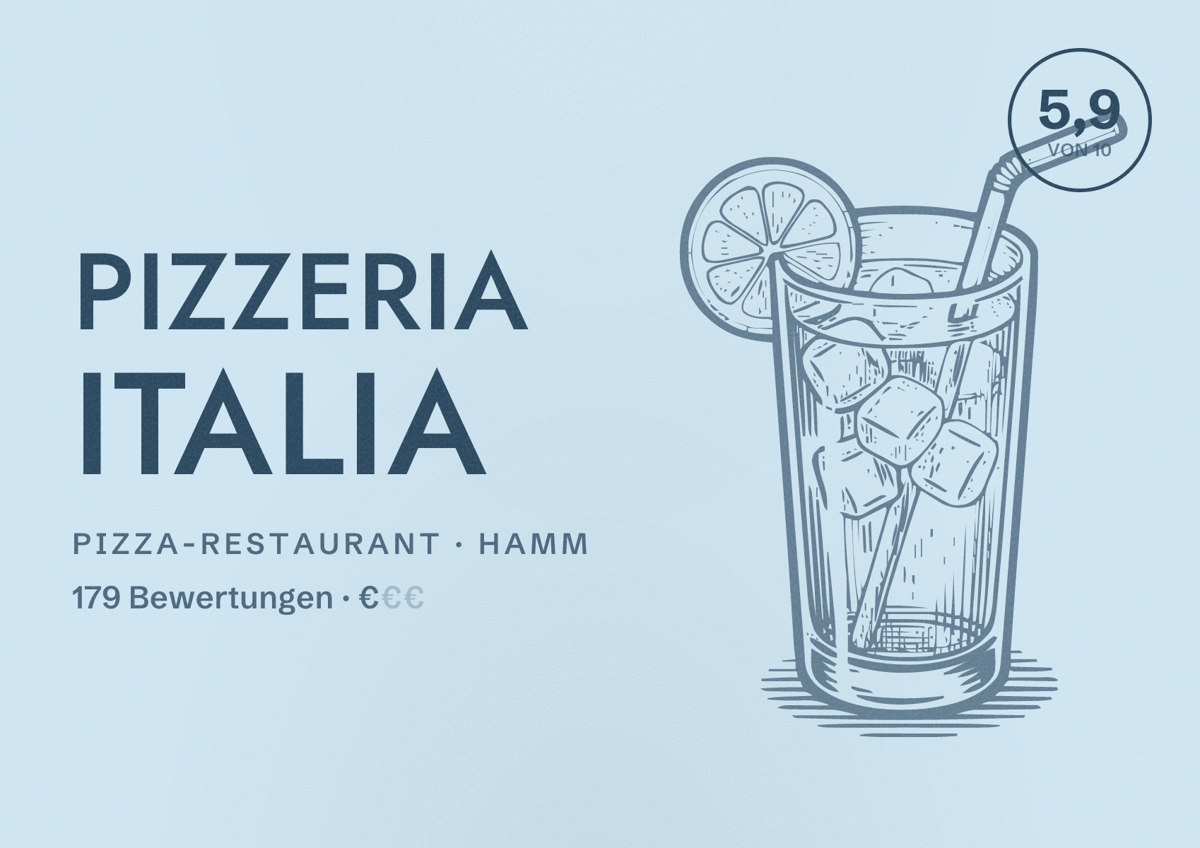 Illustriertes Poster von Pizzeria Italia, Pizza-Restaurant in Hamm: Bewertung 5,9 von 10 aus 179 Bewertungen, Preisniveau €