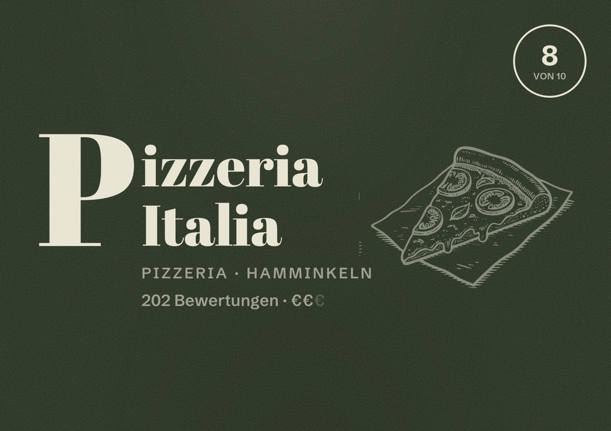 Illustriertes Poster von Pizzeria Italia, Pizzeria in Hamminkeln: Bewertung 8 von 10 aus 202 Bewertungen, Preisniveau €€