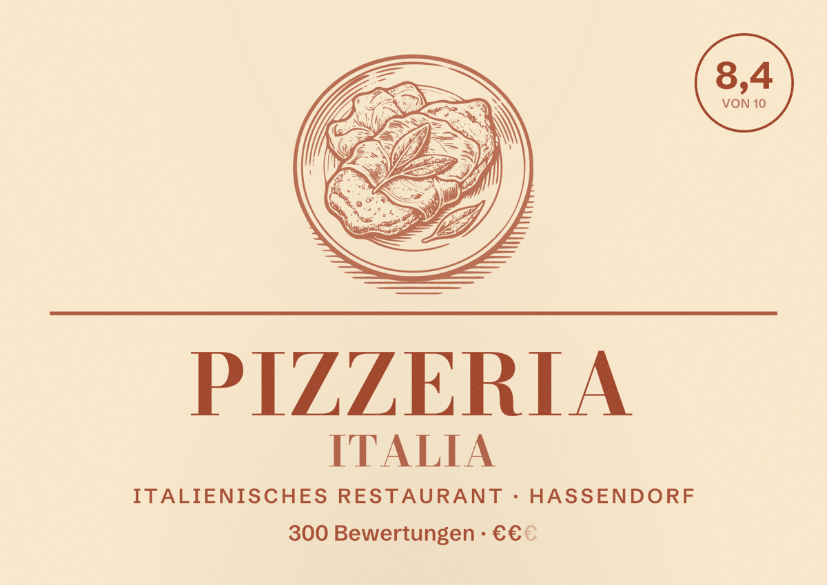 Illustriertes Poster von Pizzeria Italia, Italienisches Restaurant in Hassendorf: Bewertung 8,4 von 10 aus 300 Bewertungen, Preisniveau €€
