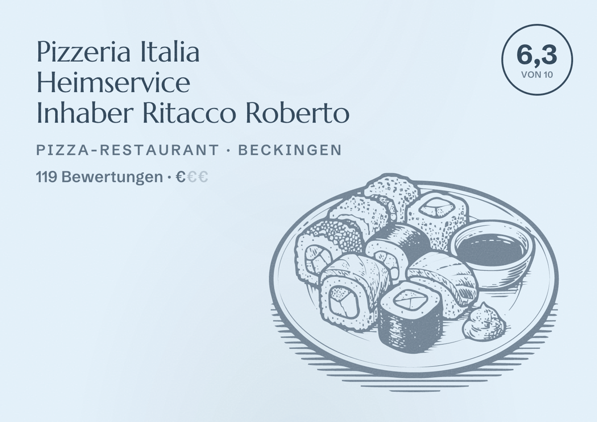 Illustriertes Poster von Pizzeria Italia Heimservice Inhaber Ritacco Roberto, Pizza-Restaurant in Beckingen: Bewertung 6,3 von 10 aus 119 Bewertungen, Preisniveau €