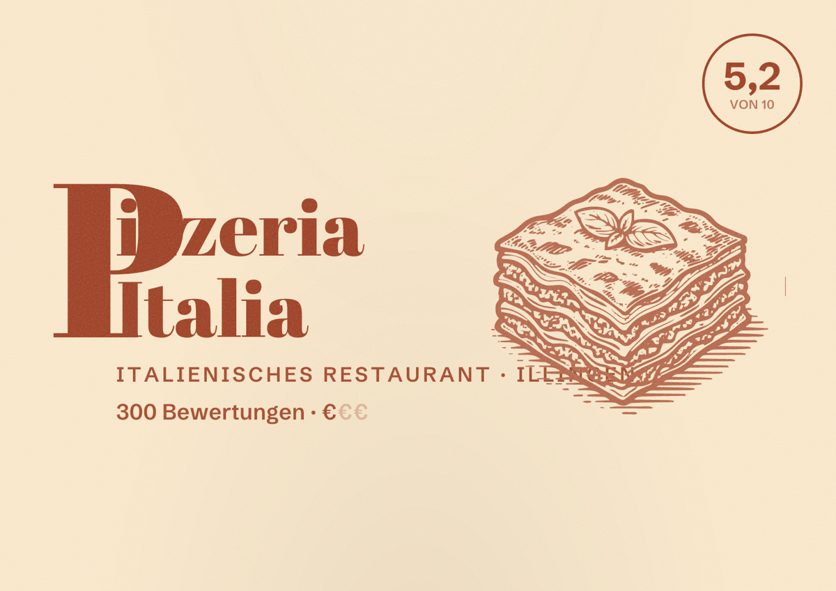 Illustriertes Poster von Pizzeria Italia, Italienisches Restaurant in Illingen: Bewertung 5,2 von 10 aus 300 Bewertungen, Preisniveau €