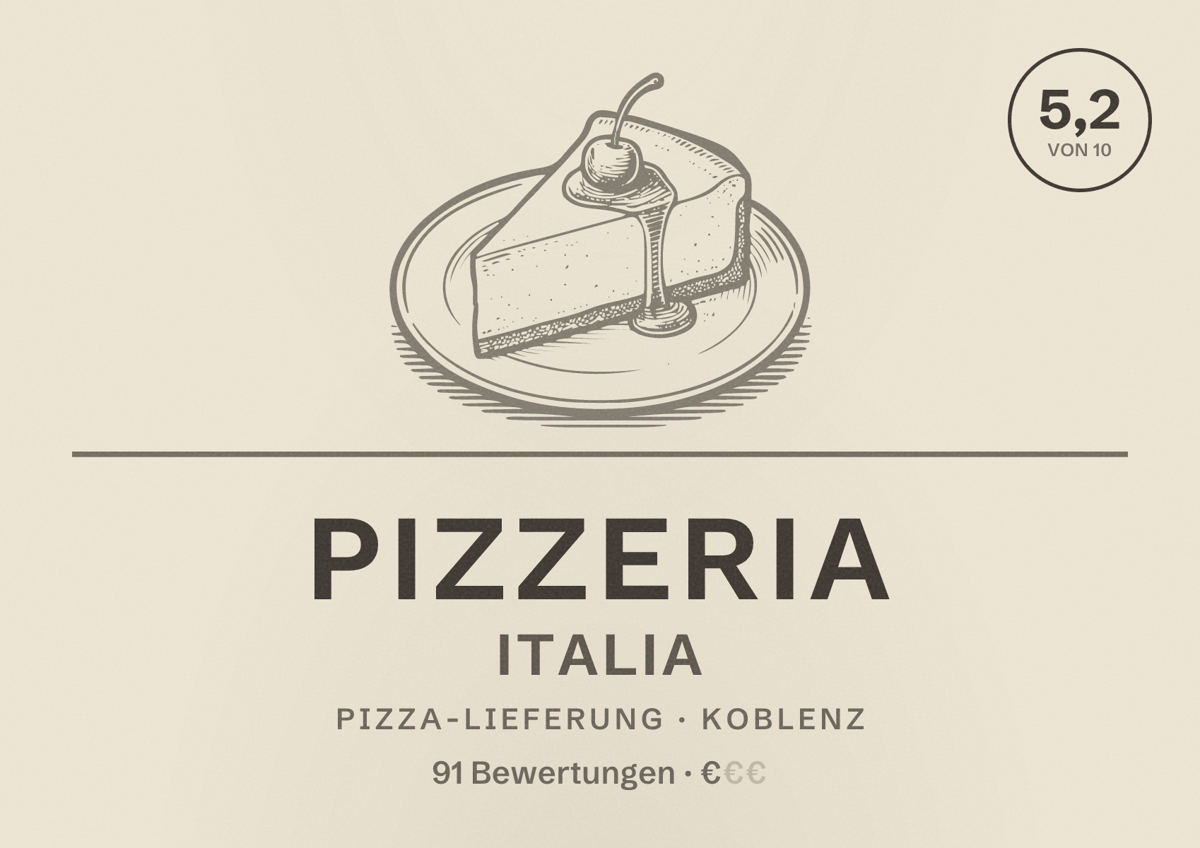 Illustriertes Poster von Pizzeria Italia, Pizza-Lieferung in Koblenz: Bewertung 5,2 von 10 aus 91 Bewertungen, Preisniveau €