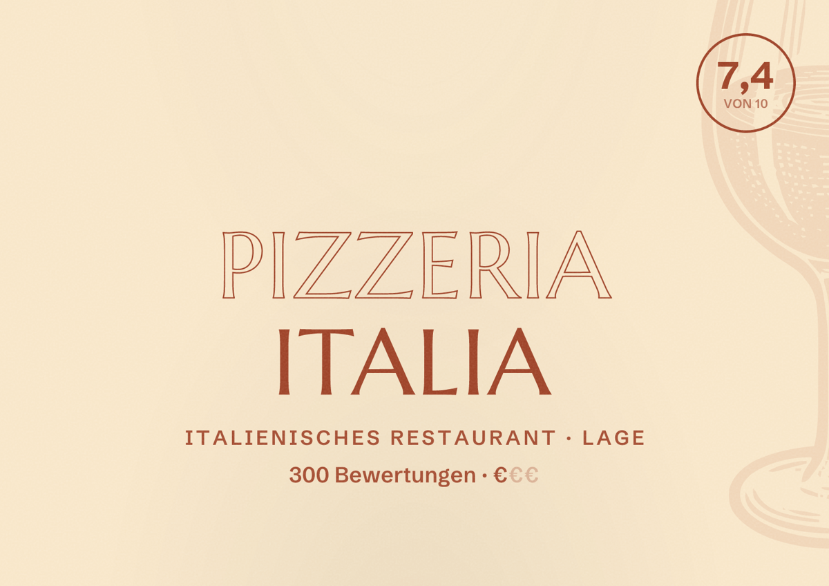 Illustriertes Poster von Pizzeria Italia, Italienisches Restaurant in Lage: Bewertung 7,4 von 10 aus 300 Bewertungen, Preisniveau €