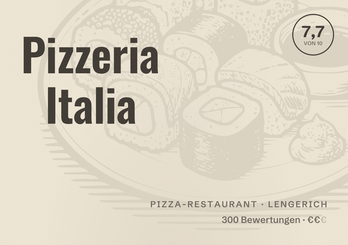 Illustriertes Poster von Pizzeria Italia, Pizza-Restaurant in Lengerich: Bewertung 7,7 von 10 aus 300 Bewertungen, Preisniveau €€