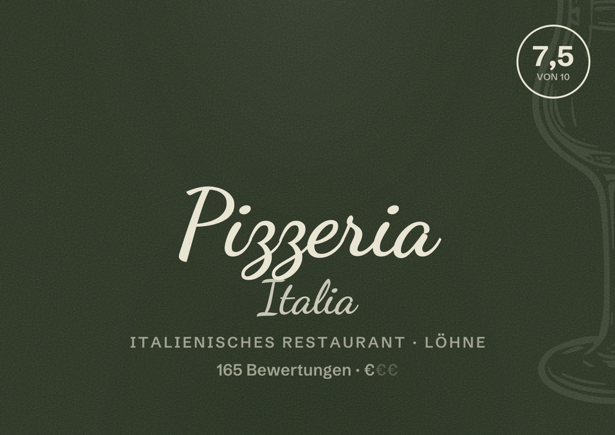 Illustriertes Poster von Pizzeria Italia, Italienisches Restaurant in Löhne: Bewertung 7,5 von 10 aus 165 Bewertungen, Preisniveau €
