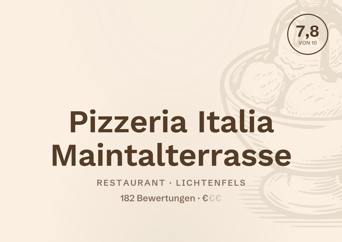 Illustriertes Poster von Pizzeria Italia Maintalterrasse, Restaurant in Lichtenfels: Bewertung 7,8 von 10 aus 182 Bewertungen, Preisniveau €