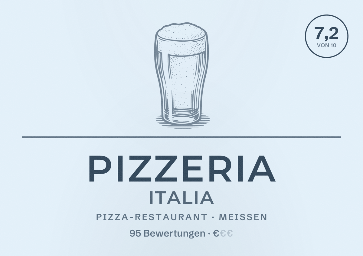 Illustriertes Poster von Pizzeria Italia, Pizza-Restaurant in Meißen: Bewertung 7,2 von 10 aus 95 Bewertungen, Preisniveau €