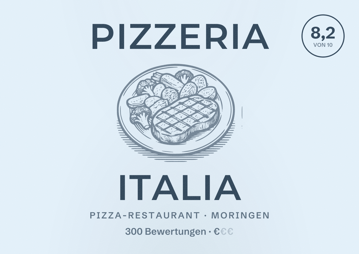 Illustriertes Poster von Pizzeria Italia, Pizza-Restaurant in Moringen: Bewertung 8,2 von 10 aus 300 Bewertungen, Preisniveau €