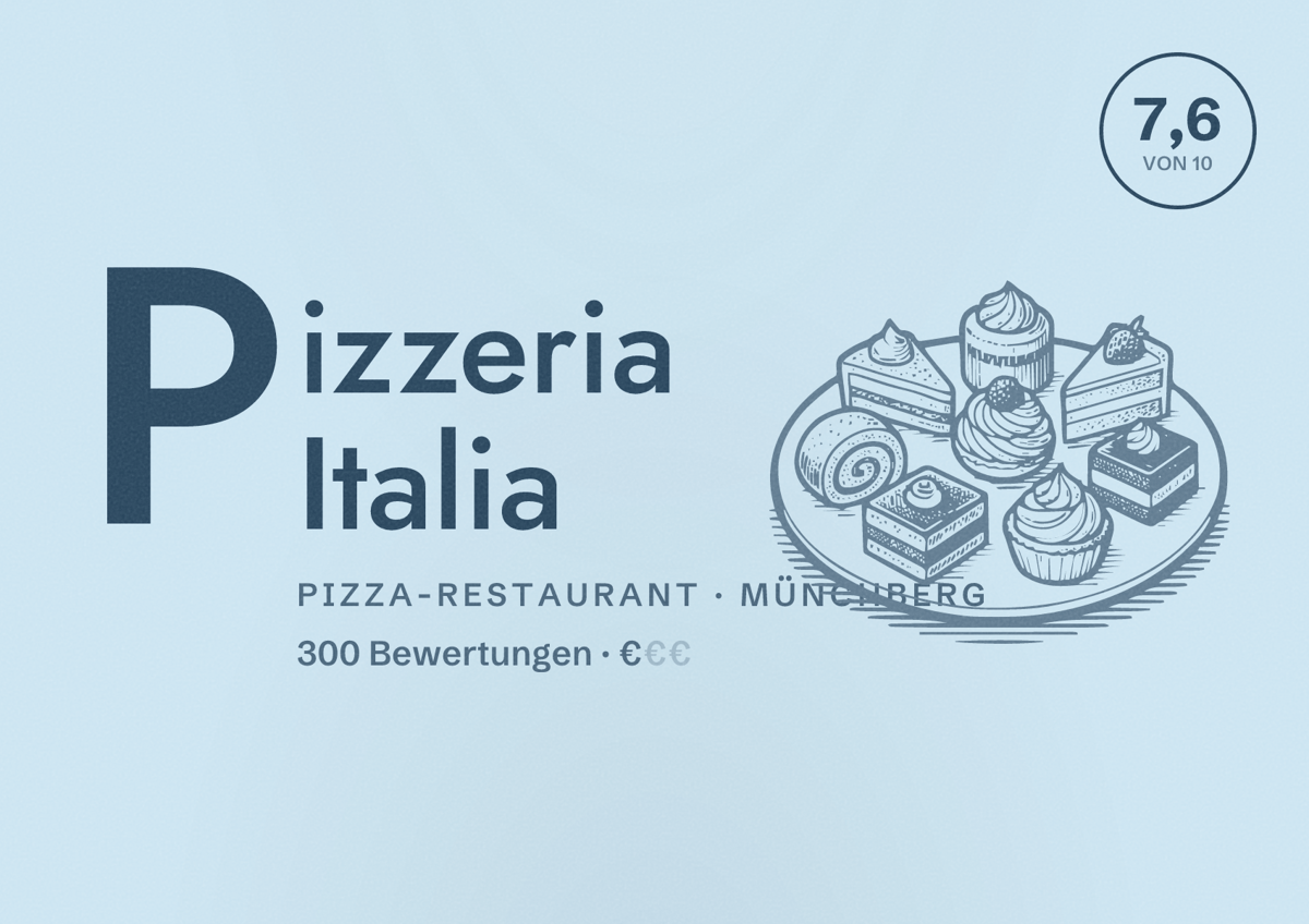 Illustriertes Poster von Pizzeria Italia, Pizza-Restaurant in Münchberg: Bewertung 7,6 von 10 aus 300 Bewertungen, Preisniveau €