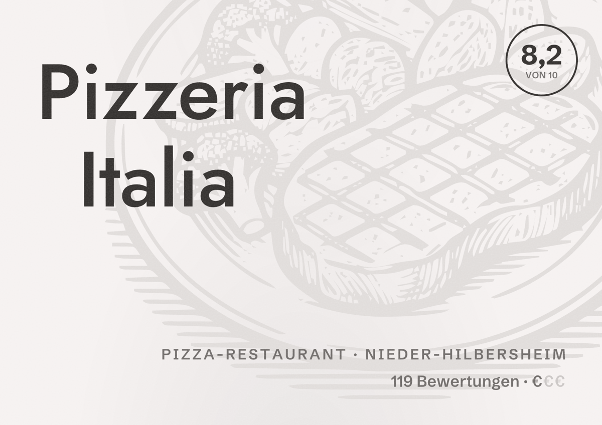 Illustriertes Poster von Pizzeria Italia, Pizza-Restaurant in Nieder-Hilbersheim: Bewertung 8,2 von 10 aus 119 Bewertungen, Preisniveau €
