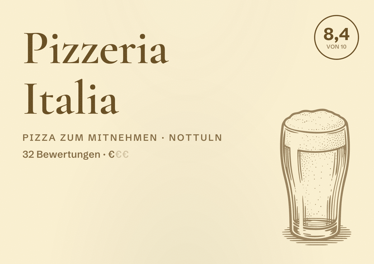 Illustriertes Poster von Pizzeria Italia, Pizza zum Mitnehmen in Nottuln: Bewertung 8,4 von 10 aus 32 Bewertungen, Preisniveau €