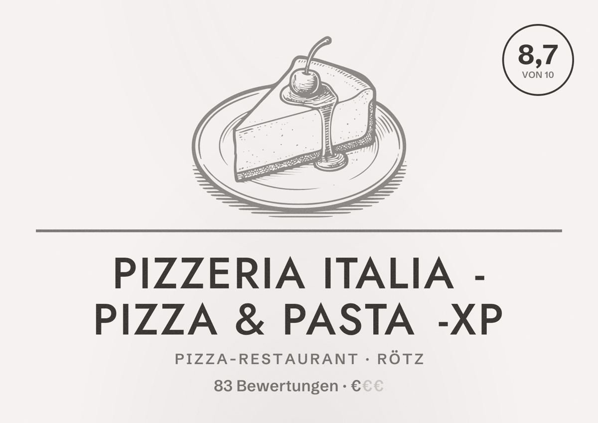 Illustriertes Poster von Pizzeria Italia - Pizza & Pasta -XP, Pizza-Restaurant in Rötz: Bewertung 8,7 von 10 aus 83 Bewertungen, Preisniveau €