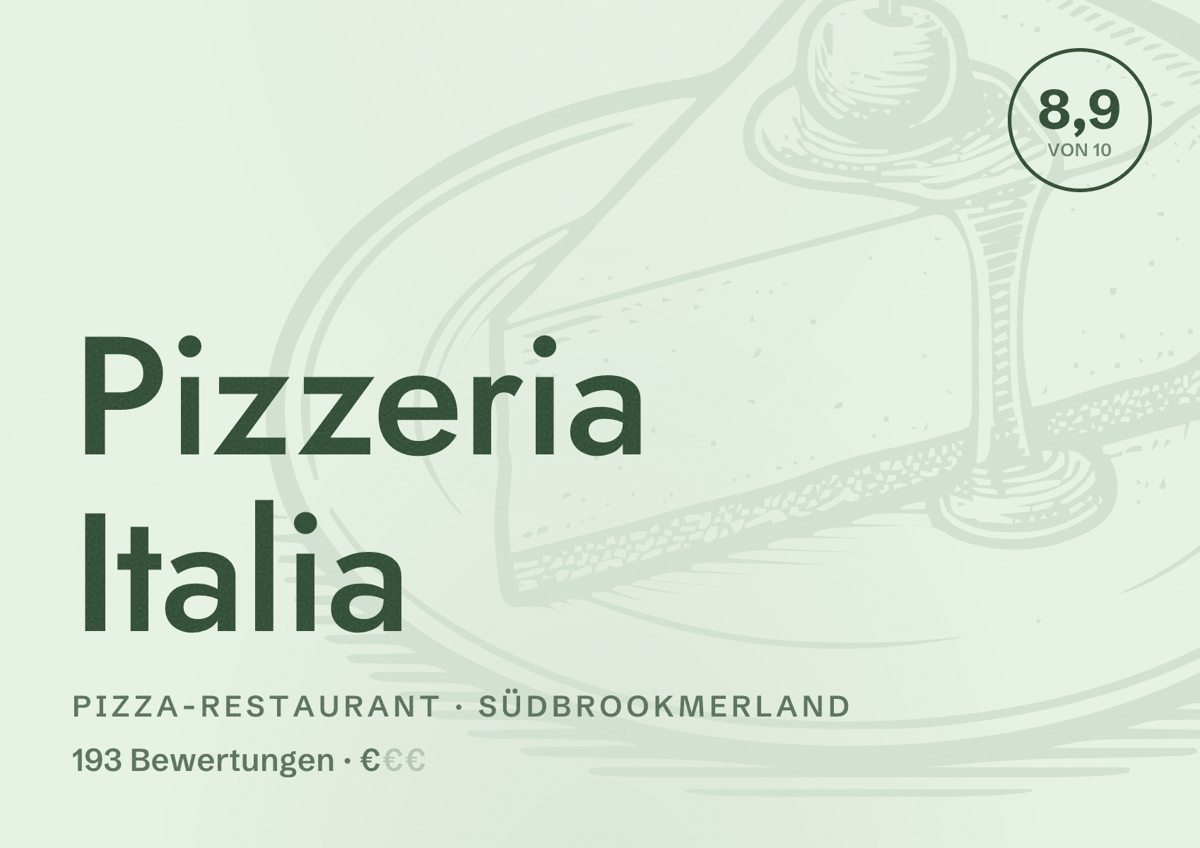 Illustriertes Poster von Pizzeria Italia, Pizza-Restaurant in Südbrookmerland: Bewertung 8,9 von 10 aus 193 Bewertungen, Preisniveau €