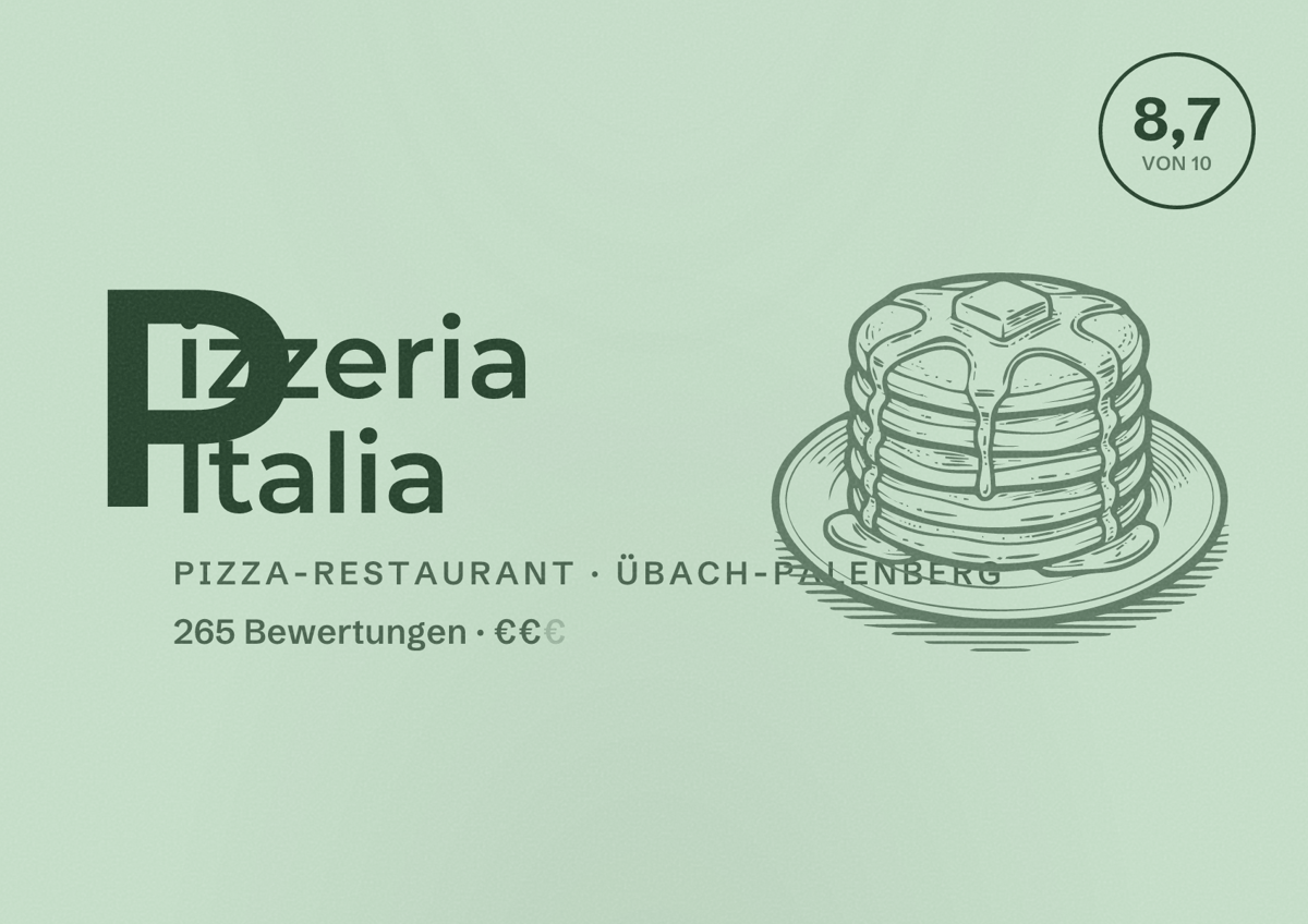 Illustriertes Poster von Pizzeria Italia, Pizza-Restaurant in Übach-Palenberg: Bewertung 8,7 von 10 aus 265 Bewertungen, Preisniveau €€