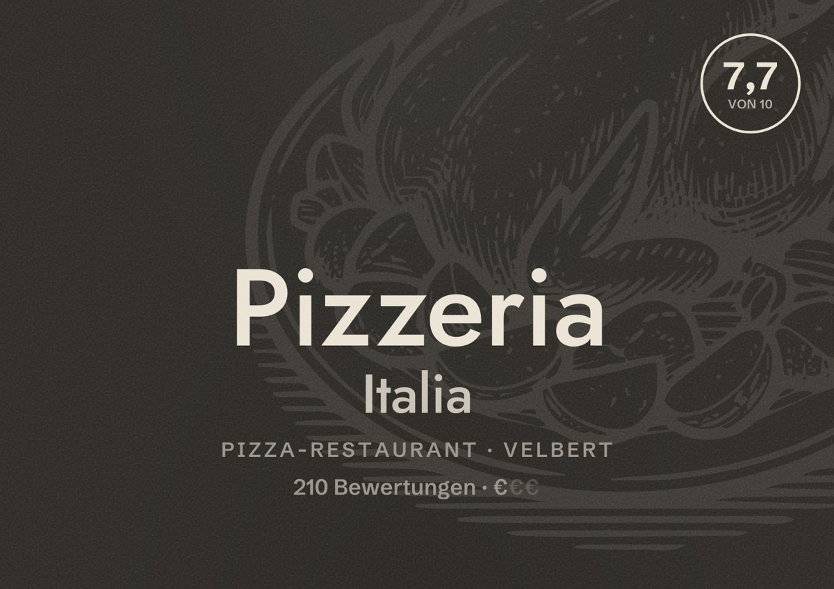 Illustriertes Poster von Pizzeria Italia, Pizza-Restaurant in Velbert: Bewertung 7,7 von 10 aus 210 Bewertungen, Preisniveau €