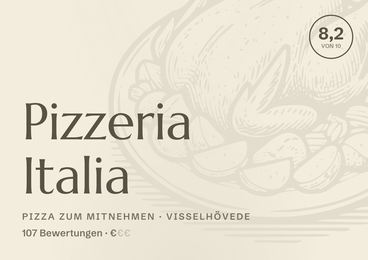 Illustriertes Poster von Pizzeria Italia, Pizza zum Mitnehmen in Visselhövede: Bewertung 8,2 von 10 aus 107 Bewertungen, Preisniveau €