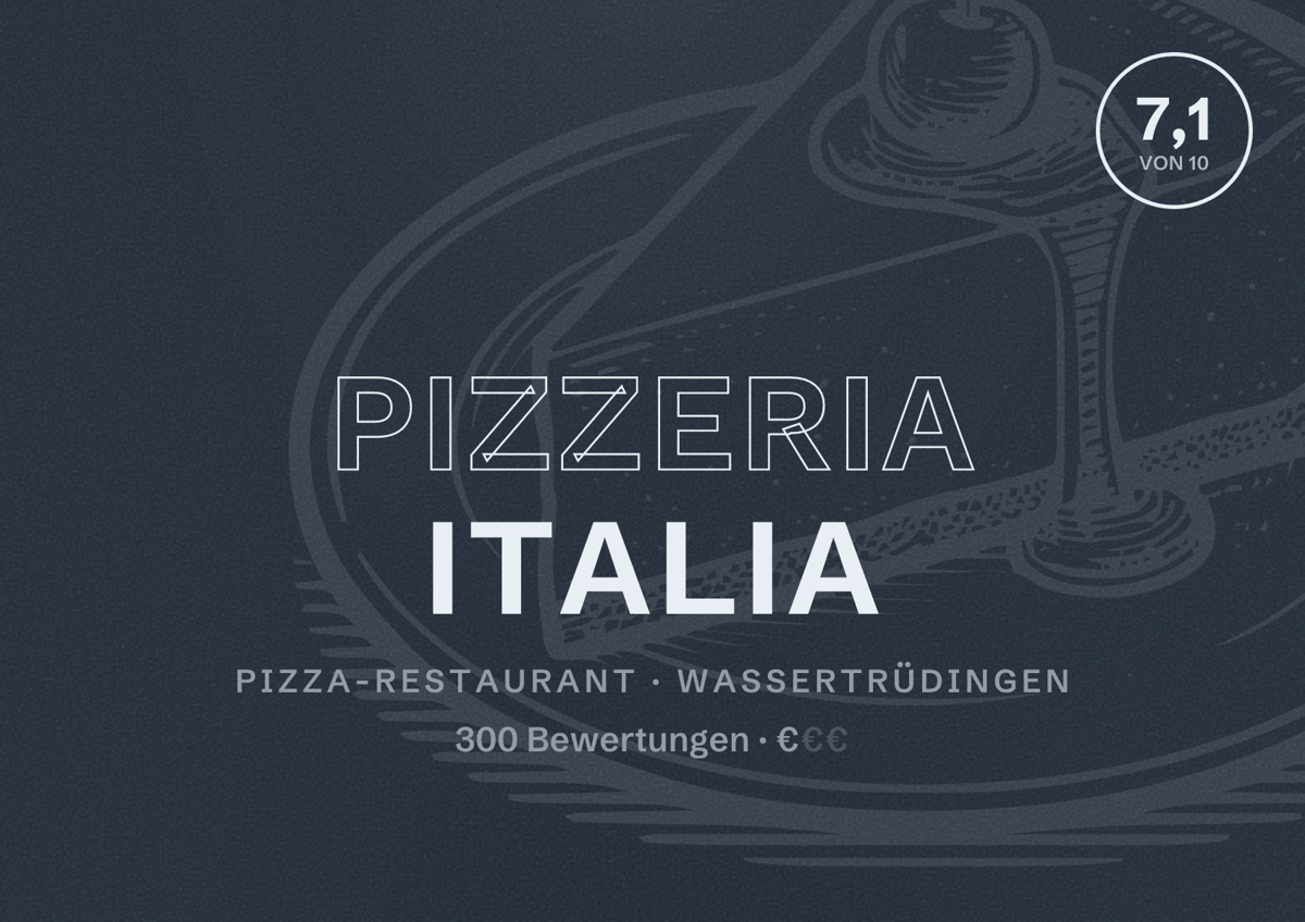 Illustriertes Poster von Pizzeria Italia, Pizza-Restaurant in Wassertrüdingen: Bewertung 7,1 von 10 aus 300 Bewertungen, Preisniveau €