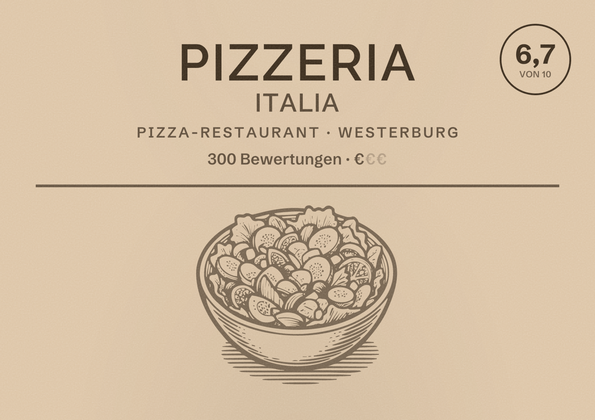 Illustriertes Poster von Pizzeria Italia, Pizza-Restaurant in Westerburg: Bewertung 6,7 von 10 aus 300 Bewertungen, Preisniveau €