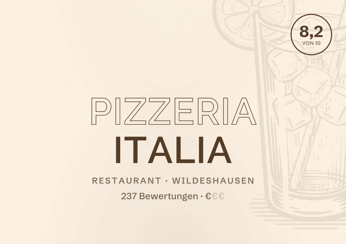 Illustriertes Poster von Pizzeria Italia, Restaurant in Wildeshausen: Bewertung 8,2 von 10 aus 237 Bewertungen, Preisniveau €