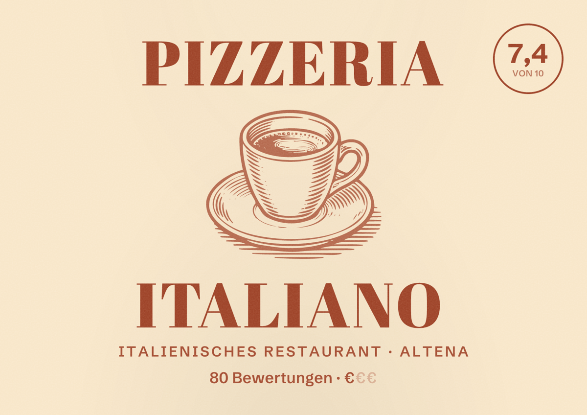 Illustriertes Poster von Pizzeria Italiano, Italienisches Restaurant in Altena: Bewertung 7,4 von 10 aus 80 Bewertungen, Preisniveau €