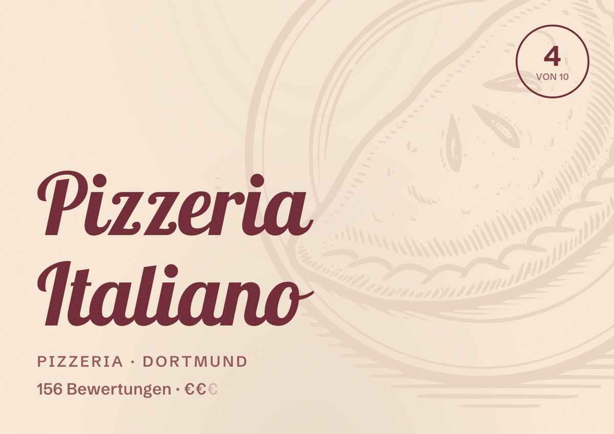 Illustriertes Poster von Pizzeria Italiano, Pizzeria in Dortmund: Bewertung 4 von 10 aus 156 Bewertungen, Preisniveau €€