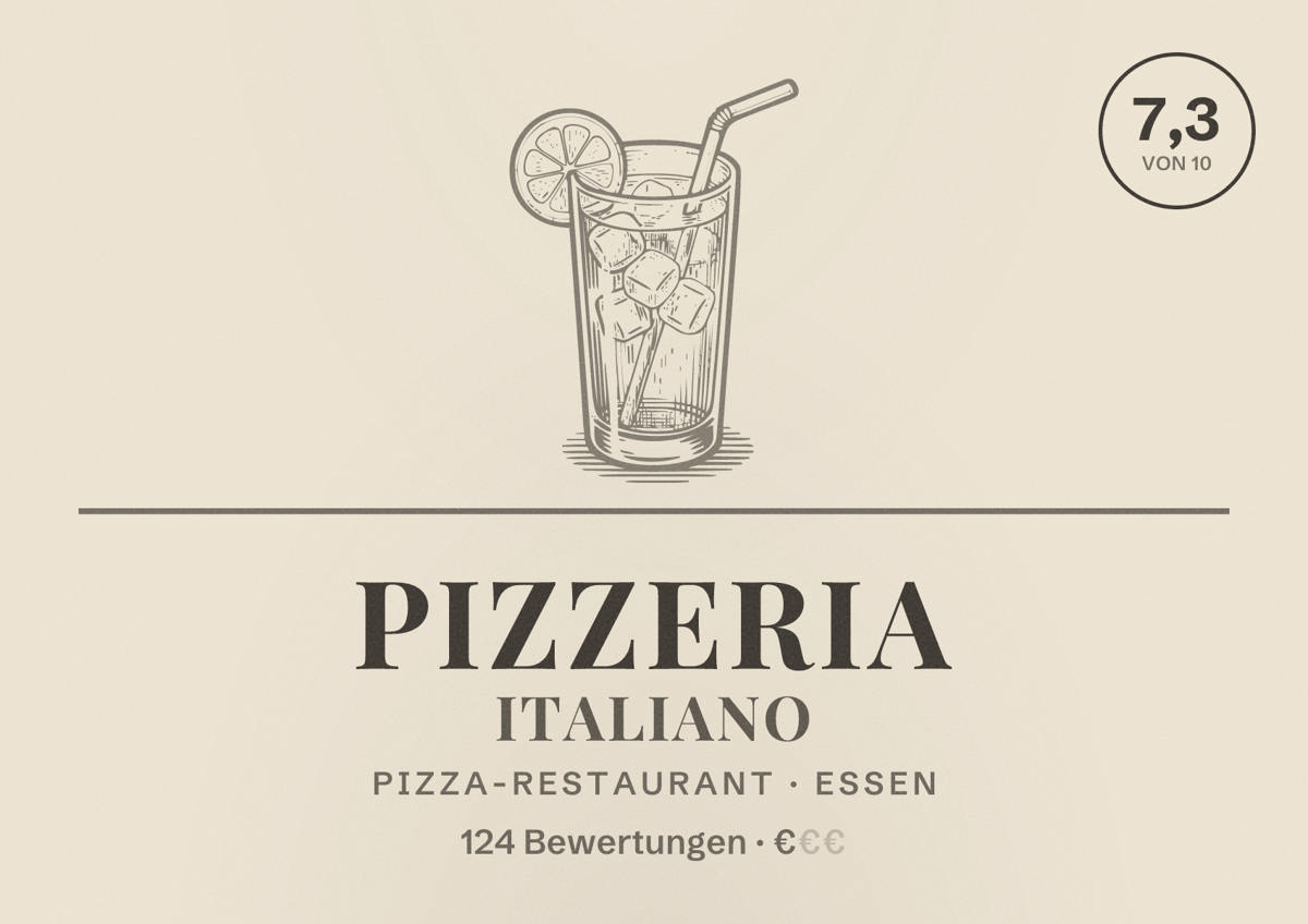 Illustriertes Poster von Pizzeria Italiano, Pizza-Restaurant in Essen: Bewertung 7,3 von 10 aus 124 Bewertungen, Preisniveau €