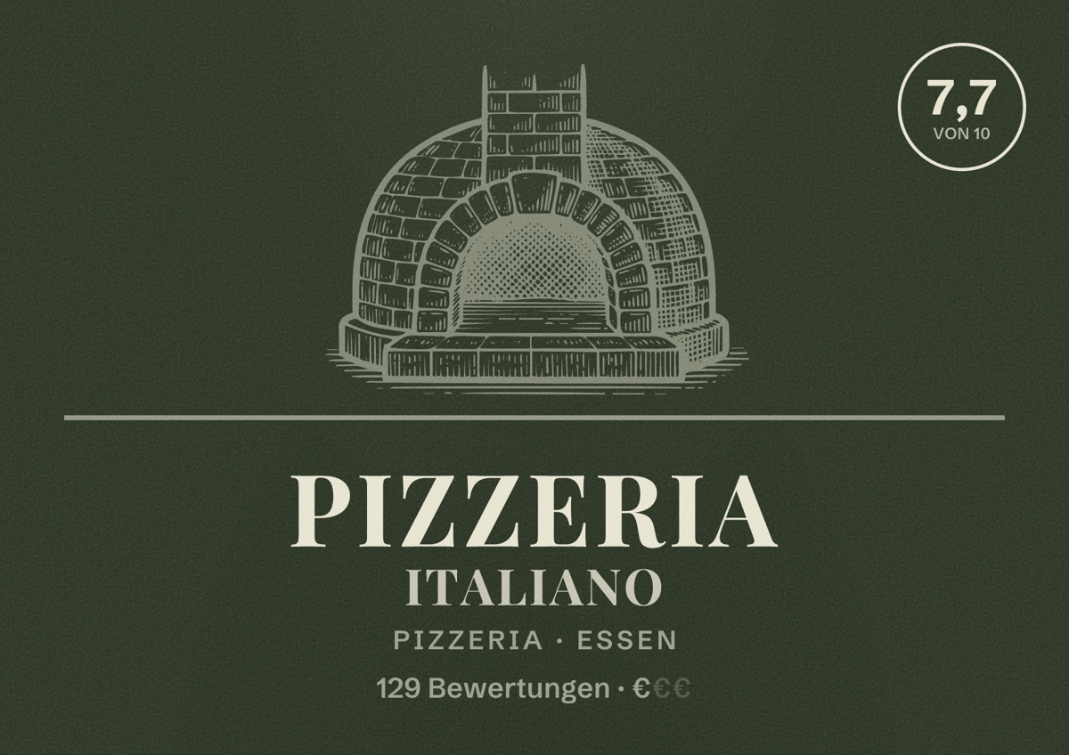 Illustriertes Poster von Pizzeria Italiano, Pizzeria in Essen: Bewertung 7,7 von 10 aus 129 Bewertungen, Preisniveau €