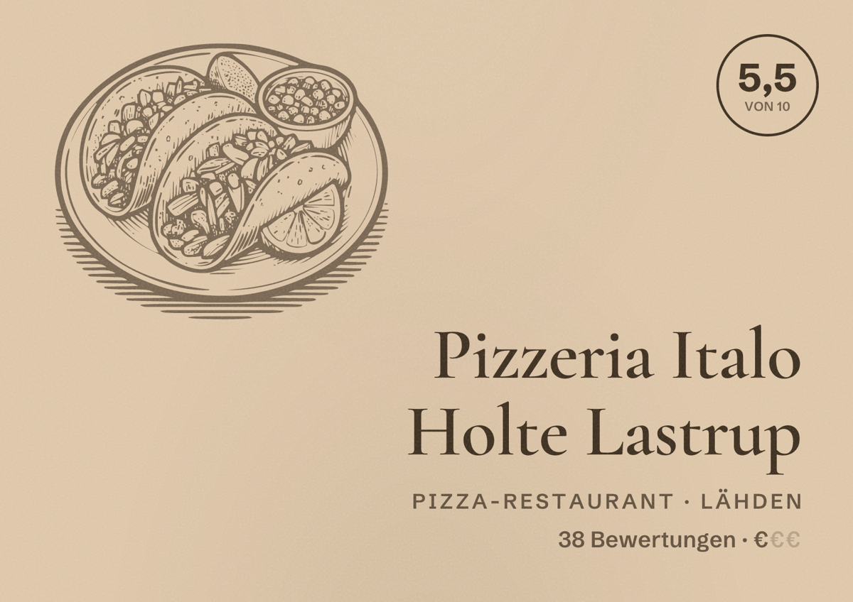 Illustriertes Poster von Pizzeria Italo Holte Lastrup, Pizza-Restaurant in Lähden: Bewertung 5,5 von 10 aus 38 Bewertungen, Preisniveau €