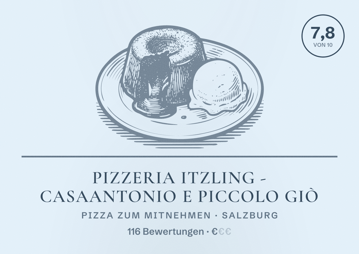 Illustriertes Poster von Pizzeria Itzling - Casaantonio e Piccolo Giò, Pizza zum Mitnehmen in Salzburg: Bewertung 7,8 von 10 aus 116 Bewertungen, Preisniveau €