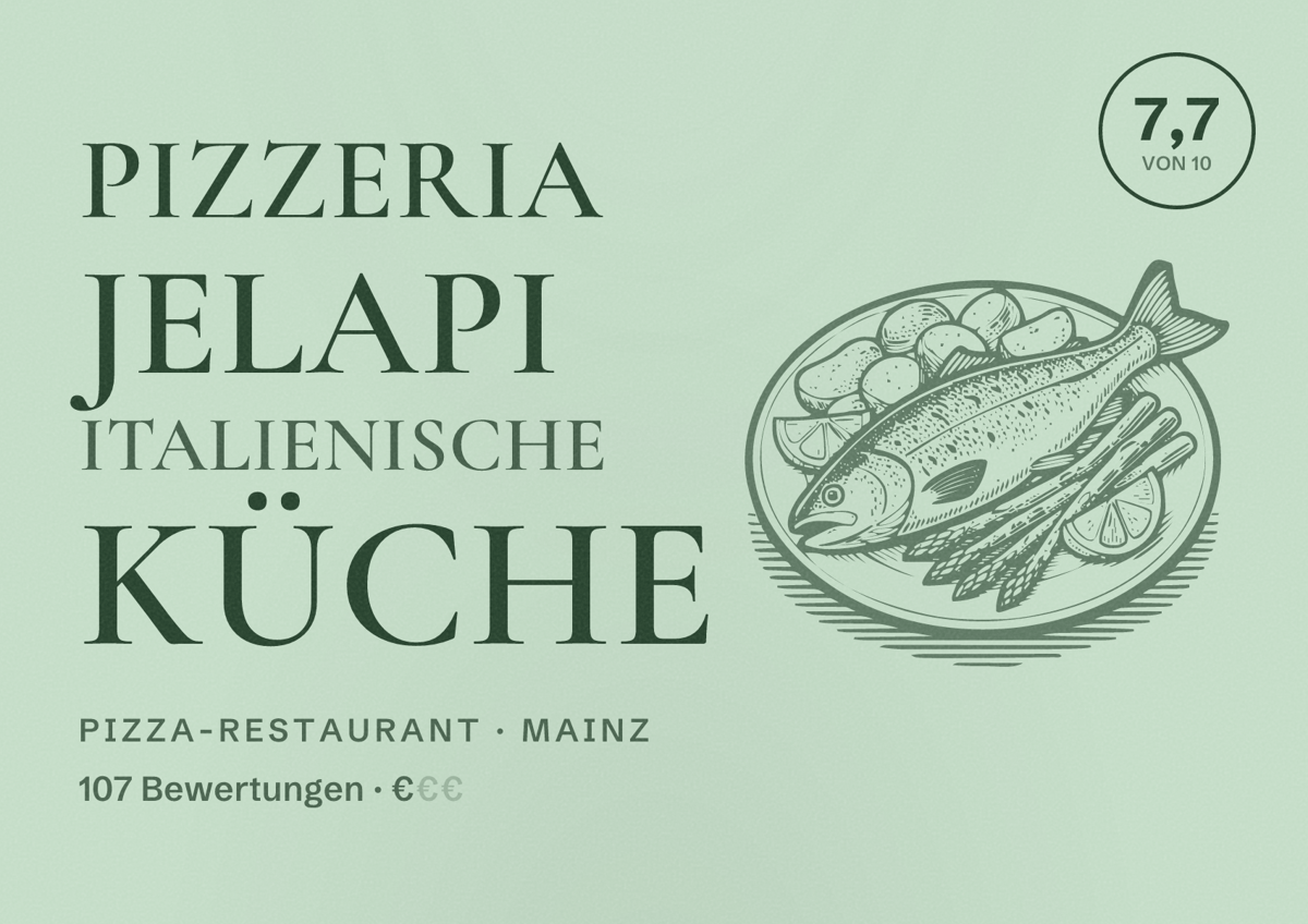 Illustriertes Poster von Pizzeria Jelapi Italienische Küche, Pizza-Restaurant in Mainz: Bewertung 7,7 von 10 aus 107 Bewertungen, Preisniveau €