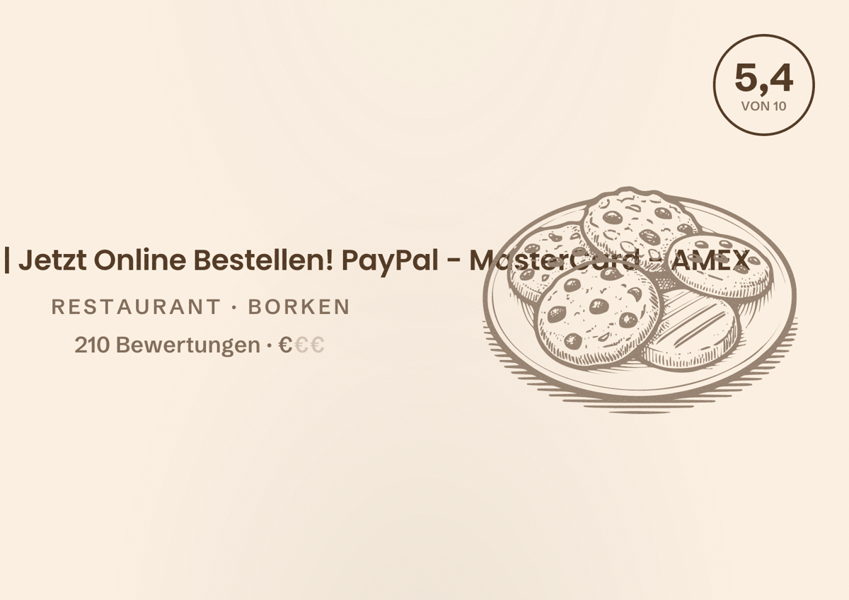 Illustriertes Poster von Pizzeria Borken | Jetzt Online Bestellen! PayPal - MasterCard - AMEX, Restaurant in Borken: Bewertung 5,4 von 10 aus 210 Bewertungen, Preisniveau €