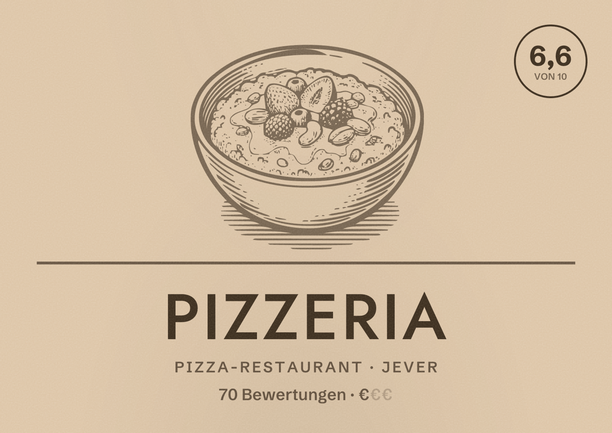 Illustriertes Poster von Pizzeria, Pizza-Restaurant in Jever: Bewertung 6,6 von 10 aus 70 Bewertungen, Preisniveau €