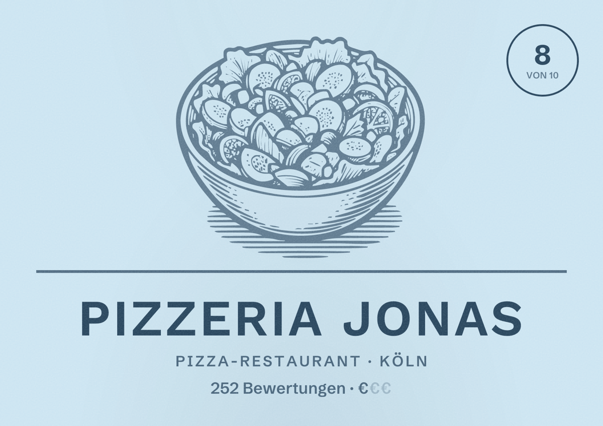 Illustriertes Poster von Pizzeria Jonas, Pizza-Restaurant in Köln: Bewertung 8 von 10 aus 252 Bewertungen, Preisniveau €