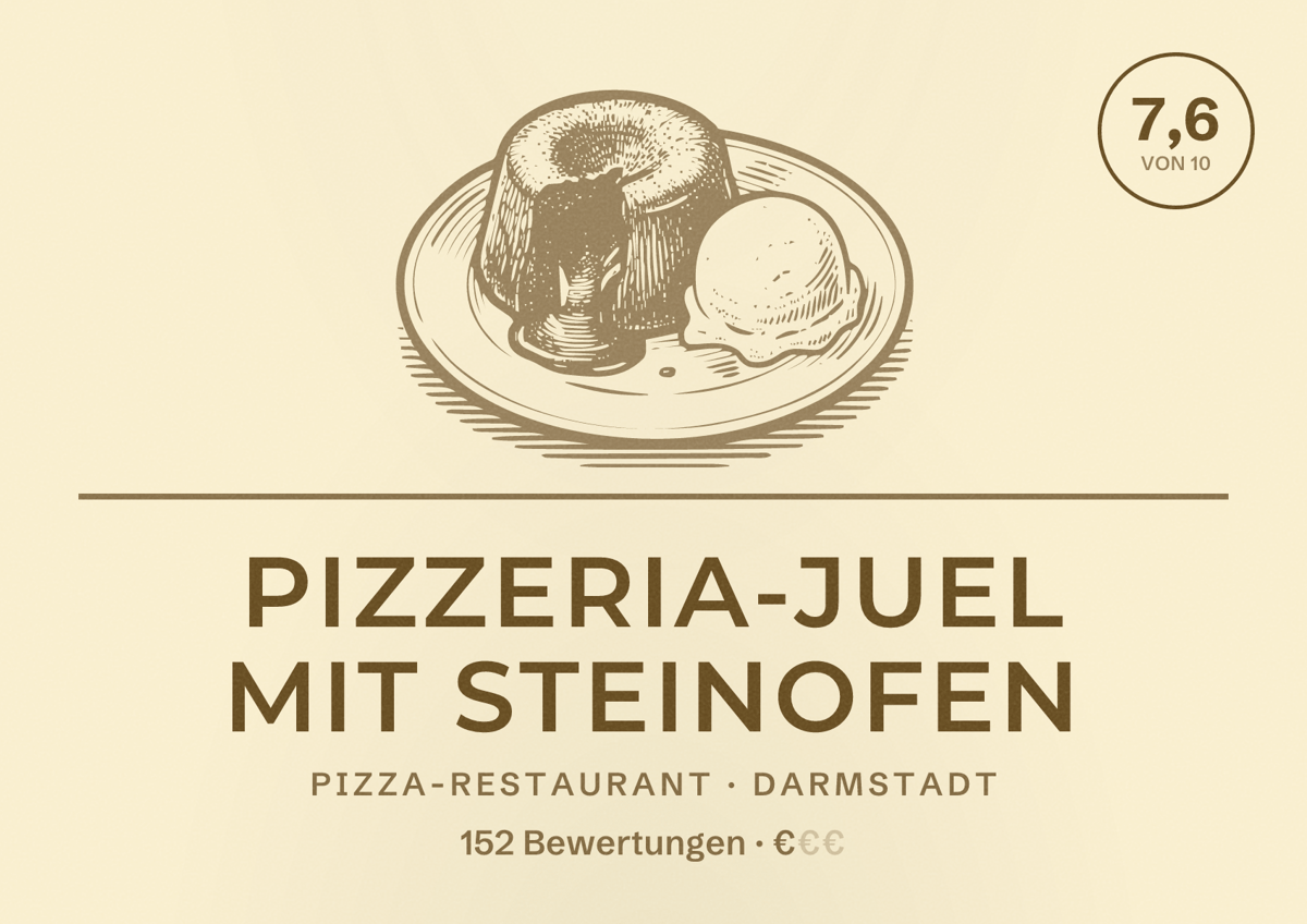 Illustriertes Poster von Pizzeria-Juel mit Steinofen, Pizza-Restaurant in Darmstadt: Bewertung 7,6 von 10 aus 152 Bewertungen, Preisniveau €