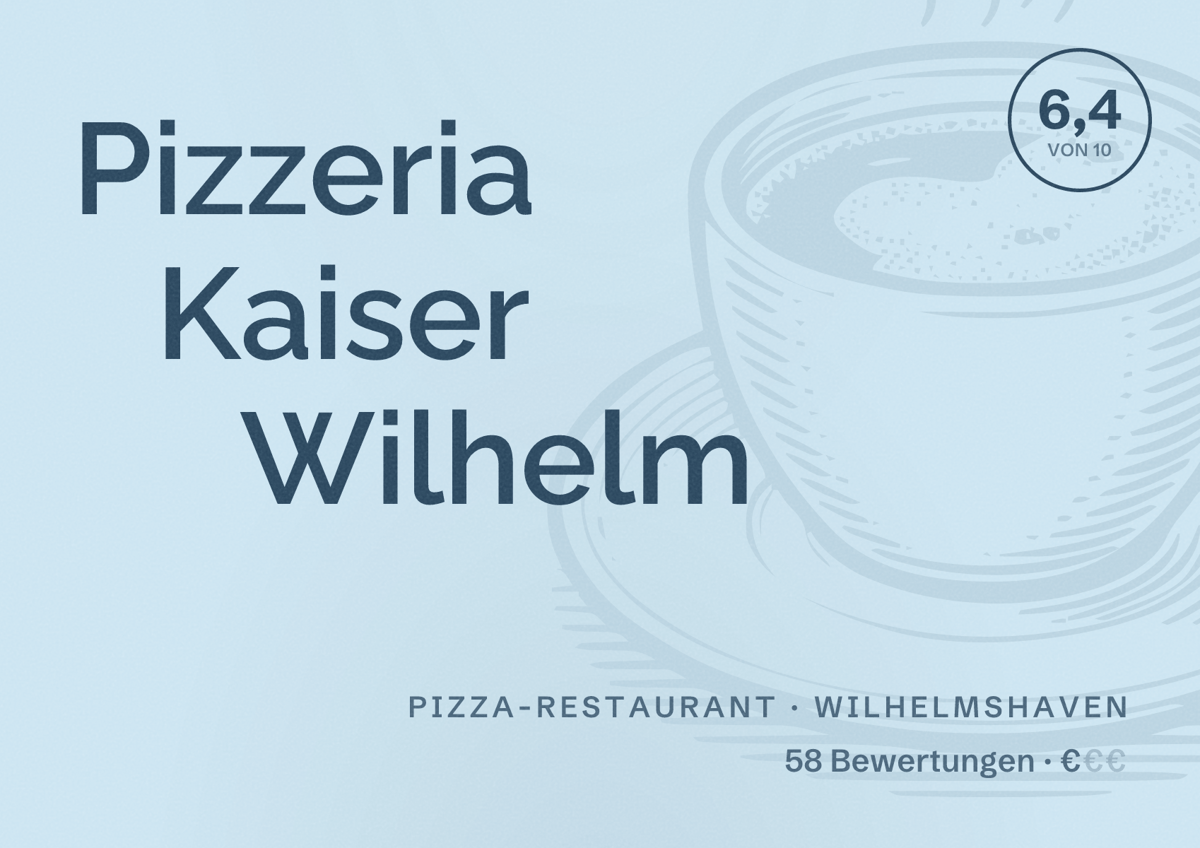 Illustriertes Poster von Pizzeria Kaiser Wilhelm, Pizza-Restaurant in Wilhelmshaven: Bewertung 6,4 von 10 aus 58 Bewertungen, Preisniveau €