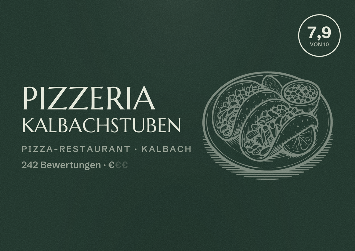 Illustriertes Poster von Pizzeria Kalbachstuben, Pizza-Restaurant in Kalbach: Bewertung 7,9 von 10 aus 242 Bewertungen, Preisniveau €