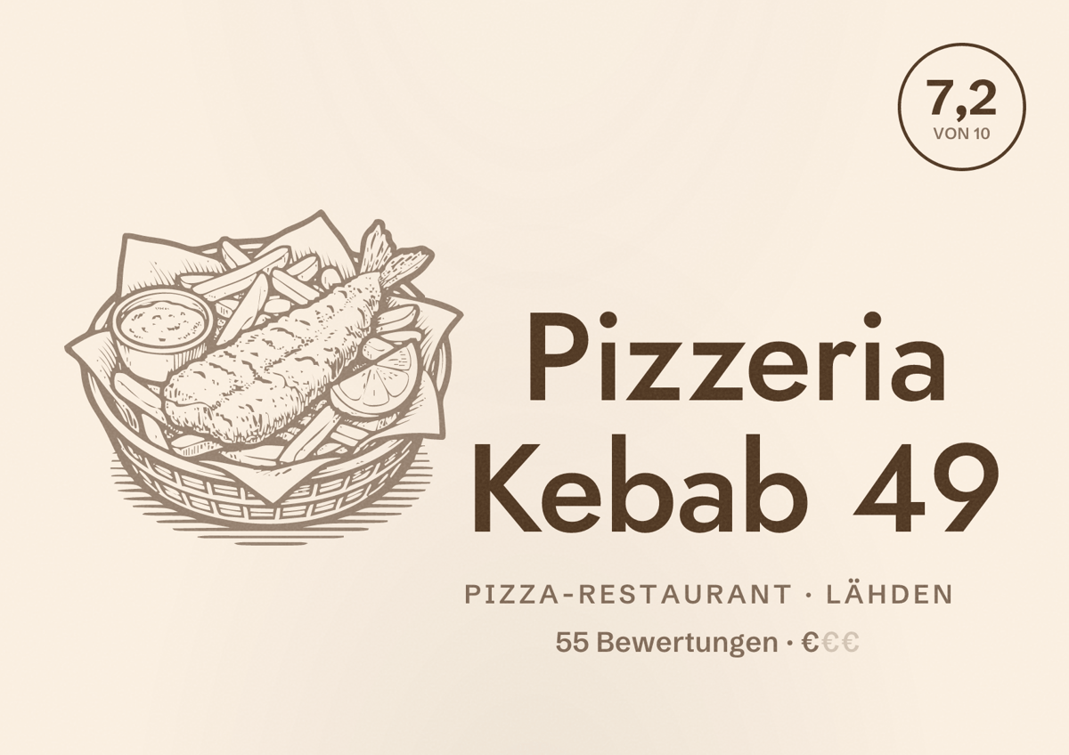 Illustriertes Poster von Pizzeria Kebab 49, Pizza-Restaurant in Lähden: Bewertung 7,2 von 10 aus 55 Bewertungen, Preisniveau €