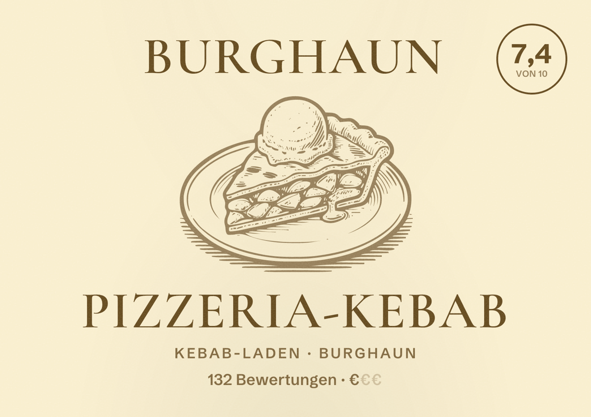 Illustriertes Poster von Burghaun Pizzeria-Kebab, Kebab-Laden in Burghaun: Bewertung 7,4 von 10 aus 132 Bewertungen, Preisniveau €