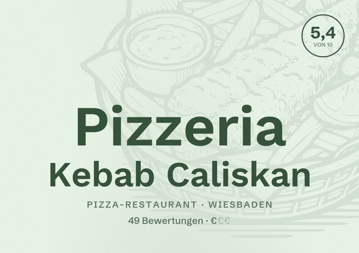 Illustriertes Poster von Pizzeria Kebab Caliskan, Pizza-Restaurant in Wiesbaden: Bewertung 5,4 von 10 aus 49 Bewertungen, Preisniveau €