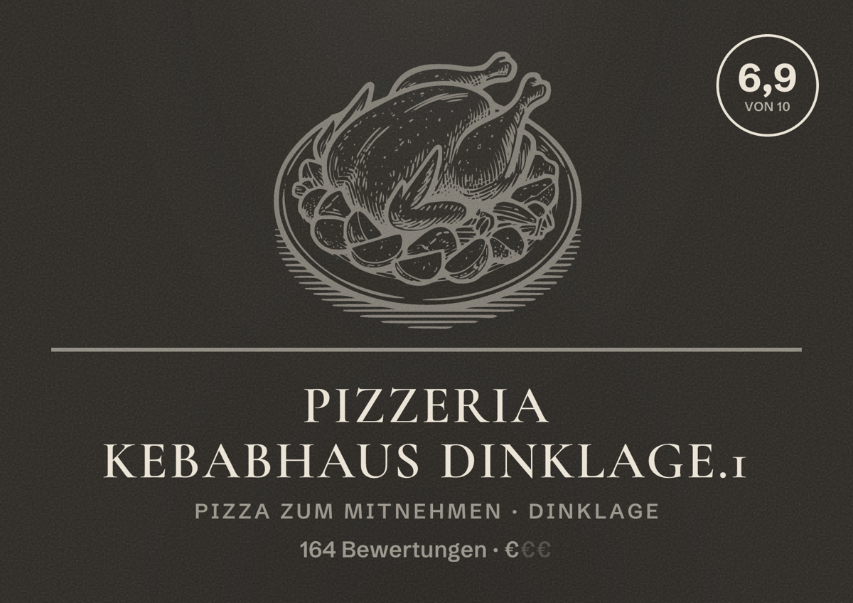 Illustriertes Poster von Pizzeria Kebabhaus Dinklage.1, Pizza zum Mitnehmen in Dinklage: Bewertung 6,9 von 10 aus 164 Bewertungen, Preisniveau €