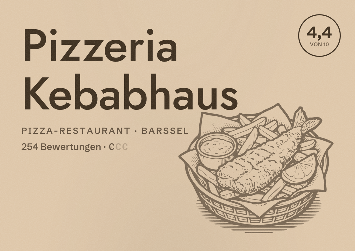 Illustriertes Poster von Pizzeria Kebabhaus, Pizza-Restaurant in Barßel: Bewertung 4,4 von 10 aus 254 Bewertungen, Preisniveau €