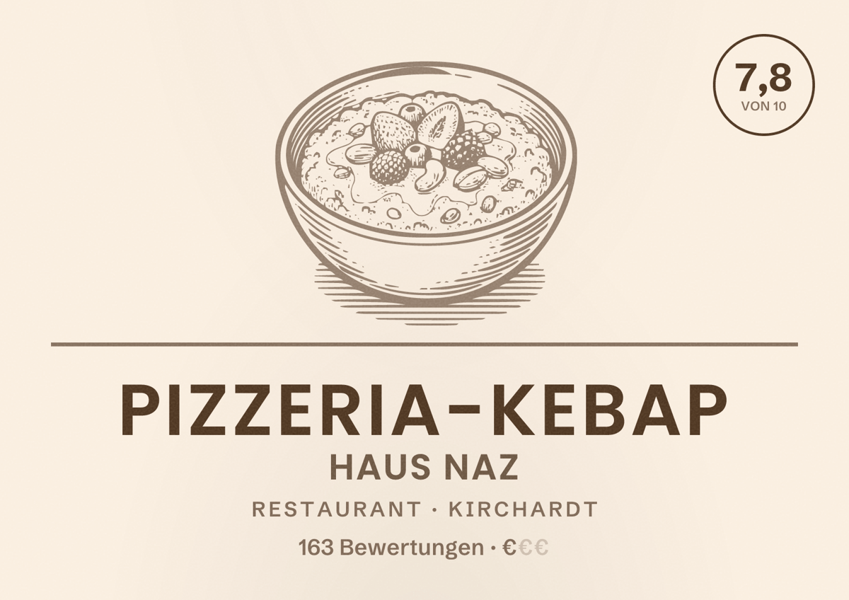 Illustriertes Poster von Pizzeria-Kebap Haus NAZ, Restaurant in Kirchardt: Bewertung 7,8 von 10 aus 163 Bewertungen, Preisniveau €