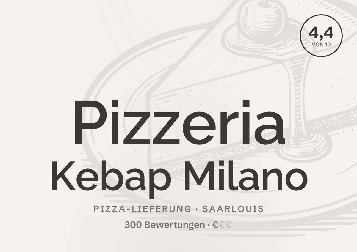 Illustriertes Poster von Pizzeria Kebap Milano, Pizza-Lieferung in Saarlouis: Bewertung 4,4 von 10 aus 300 Bewertungen, Preisniveau €