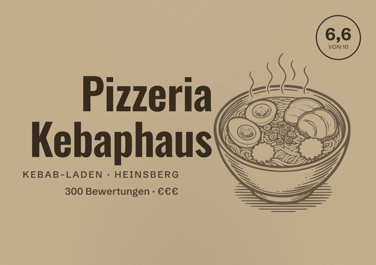Illustriertes Poster von Pizzeria Kebaphaus, Kebab-Laden in Heinsberg: Bewertung 6,6 von 10 aus 300 Bewertungen, Preisniveau €€€