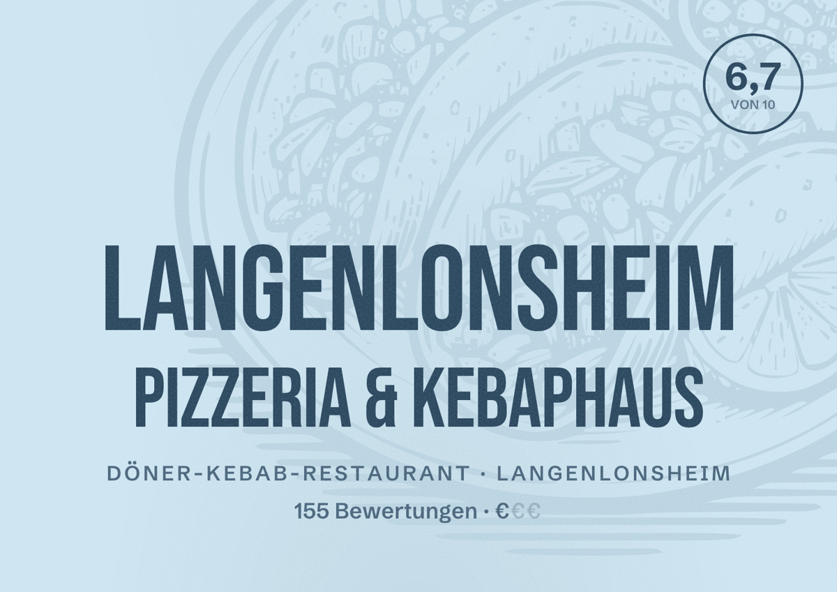 Illustriertes Poster von Langenlonsheim Pizzeria & Kebaphaus, Döner-Kebab-Restaurant in Langenlonsheim: Bewertung 6,7 von 10 aus 155 Bewertungen, Preisniveau €