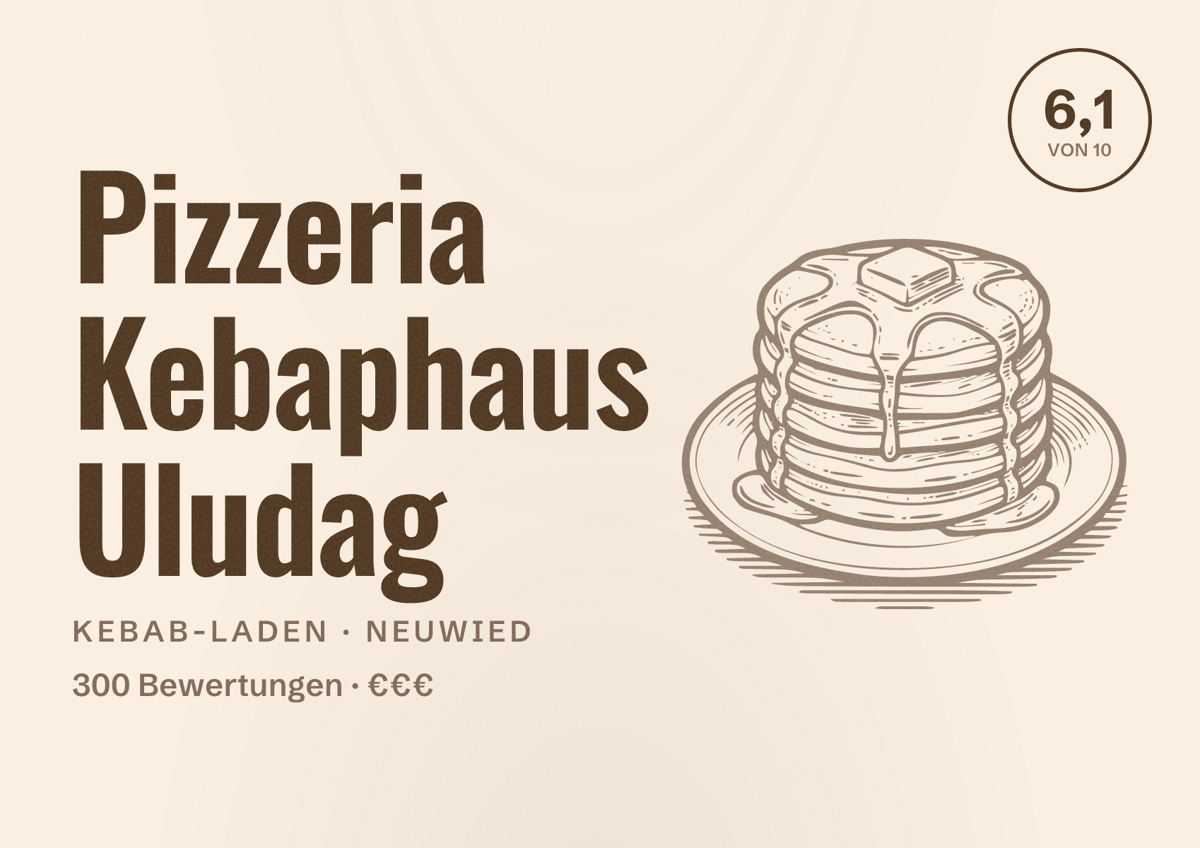 Illustriertes Poster von Pizzeria Kebaphaus Uludag, Kebab-Laden in Neuwied: Bewertung 6,1 von 10 aus 300 Bewertungen, Preisniveau €€€