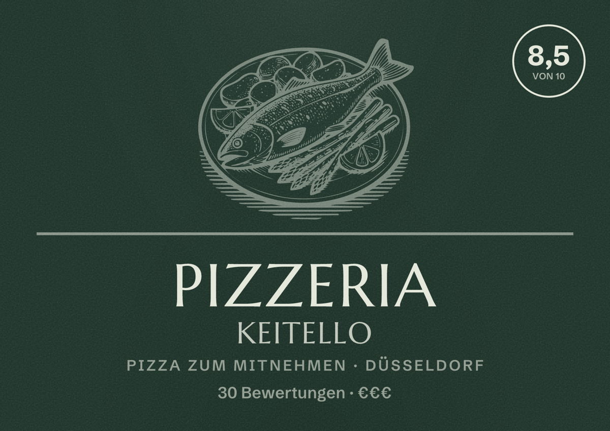 Illustriertes Poster von Pizzeria Keitello, Pizza zum Mitnehmen in Düsseldorf: Bewertung 8,5 von 10 aus 30 Bewertungen, Preisniveau €€€