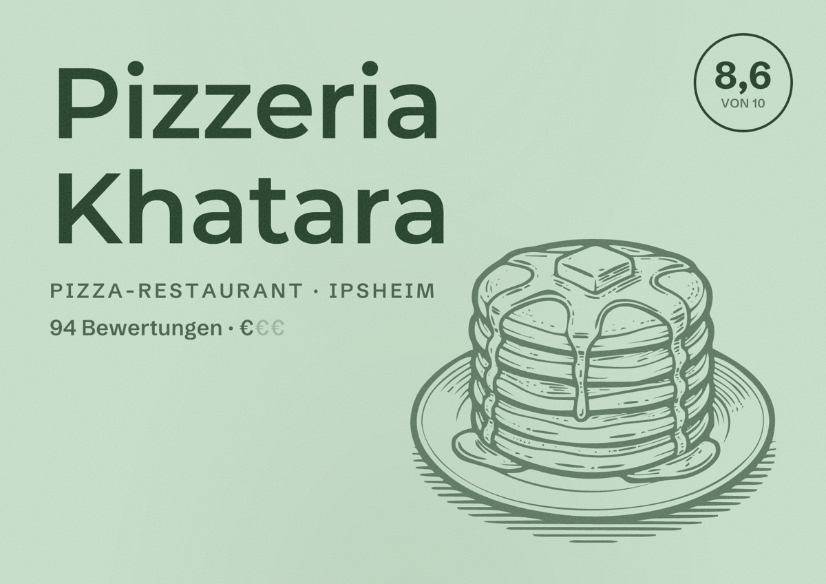 Illustriertes Poster von Pizzeria Khatara, Pizza-Restaurant in Ipsheim: Bewertung 8,6 von 10 aus 94 Bewertungen, Preisniveau €