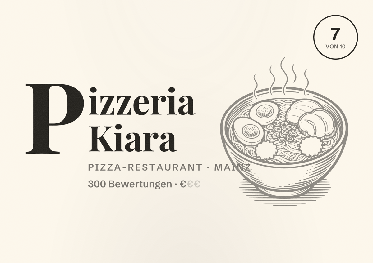 Illustriertes Poster von Pizzeria Kiara, Pizza-Restaurant in Mainz: Bewertung 7 von 10 aus 300 Bewertungen, Preisniveau €