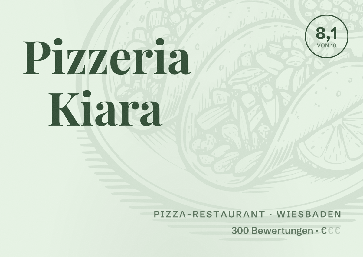 Illustriertes Poster von Pizzeria Kiara, Pizza-Restaurant in Wiesbaden: Bewertung 8,1 von 10 aus 300 Bewertungen, Preisniveau €